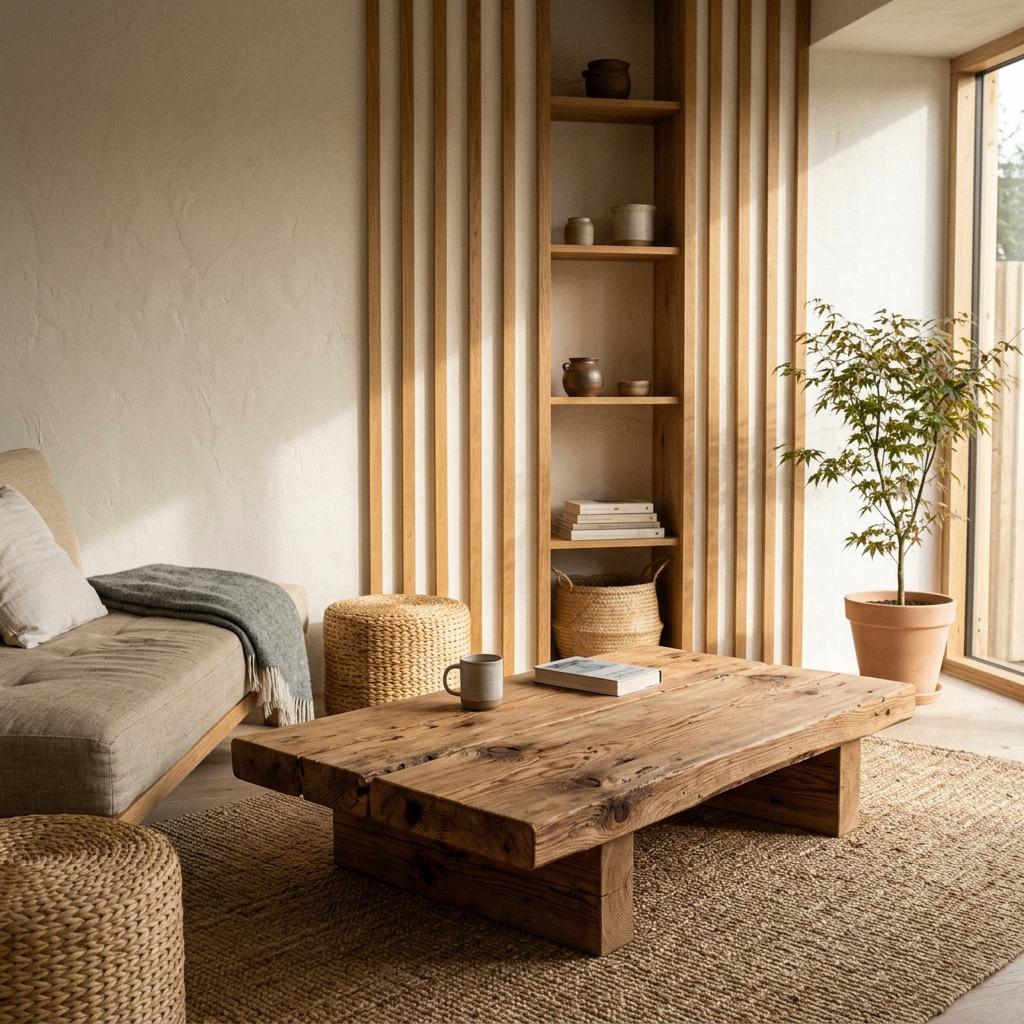 Functional Wood Elements Within A Simple Japandi Living Room