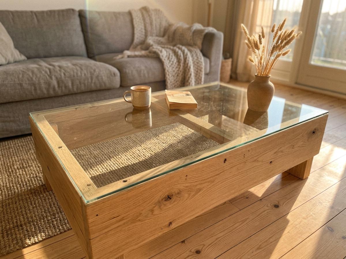 Glass Top Japandi Coffee Table With Natural Wood Base