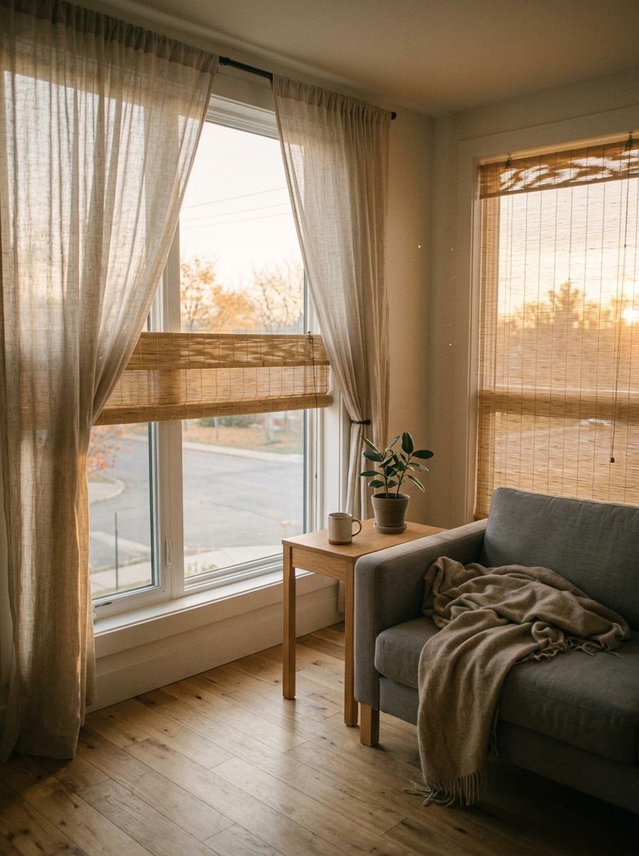 Glimpse A Bright Space With Japandi Living Room Curtains