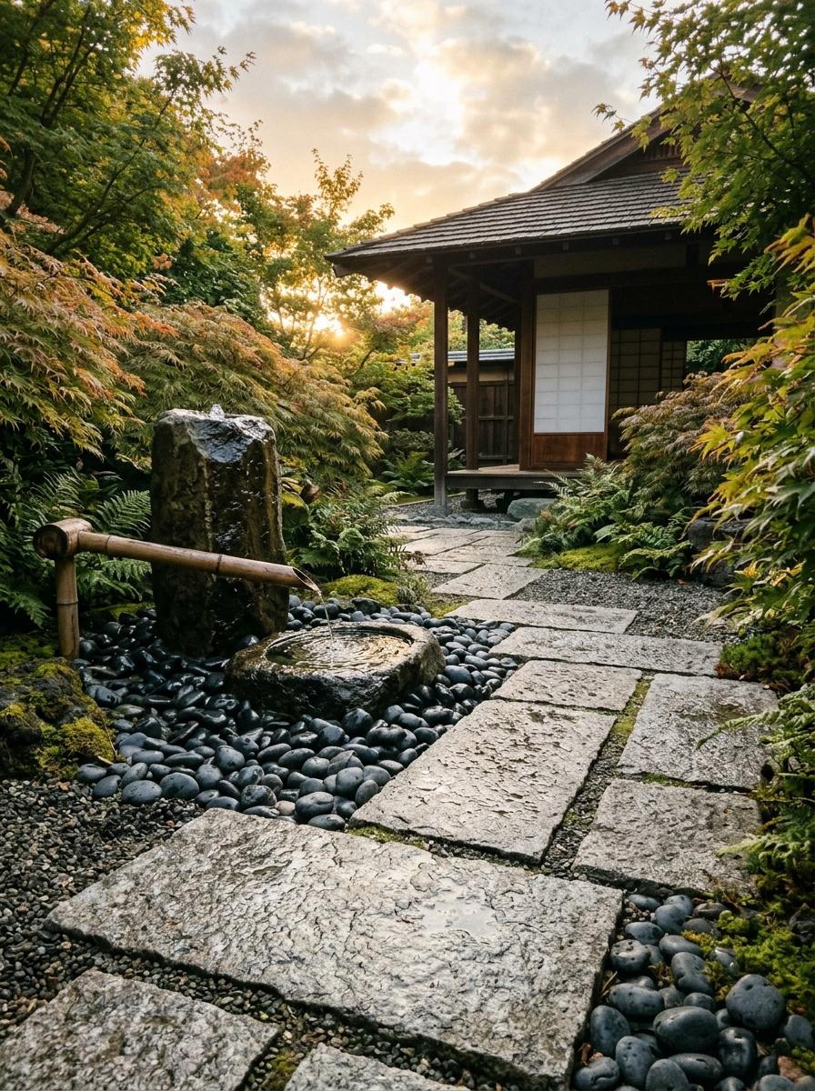 Glimpse A Fashionable Courtyard With Japandi Water Feature Elements