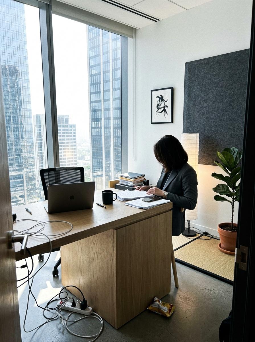 Glimpse A Fashionable Executive Suite With Japandi Office Decor