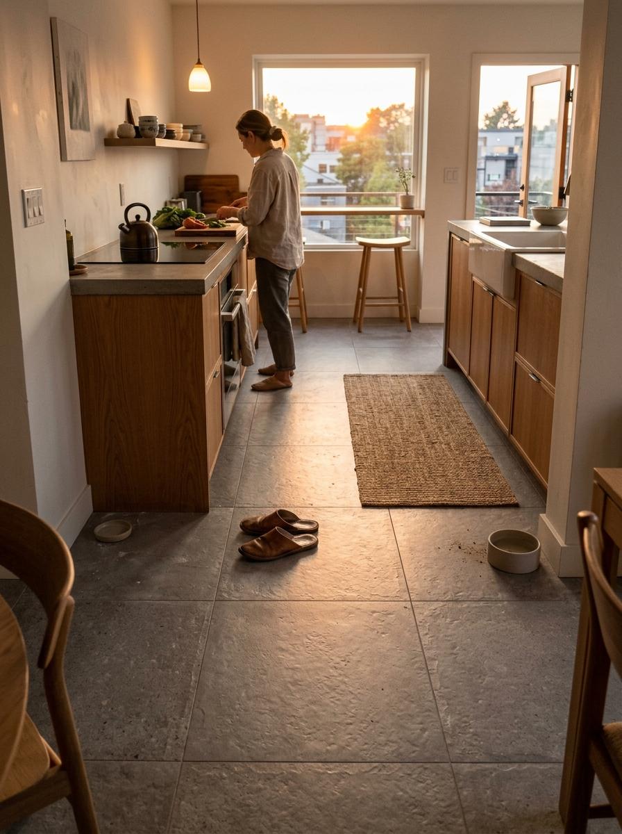 Glimpse A Fashionable Home Featuring Japandi Kitchen Floor Tiles