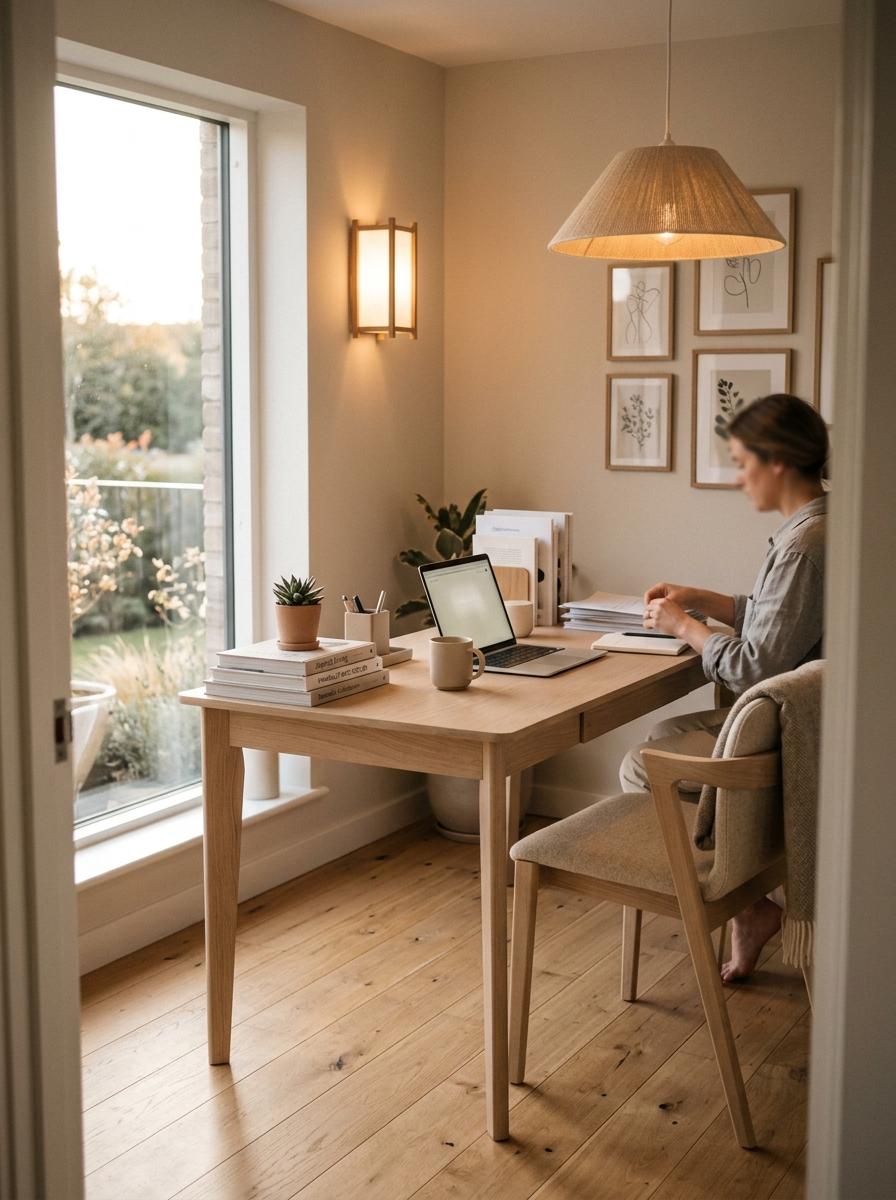 Glimpse A Fashionable Workspace With Japandi Office Lighting