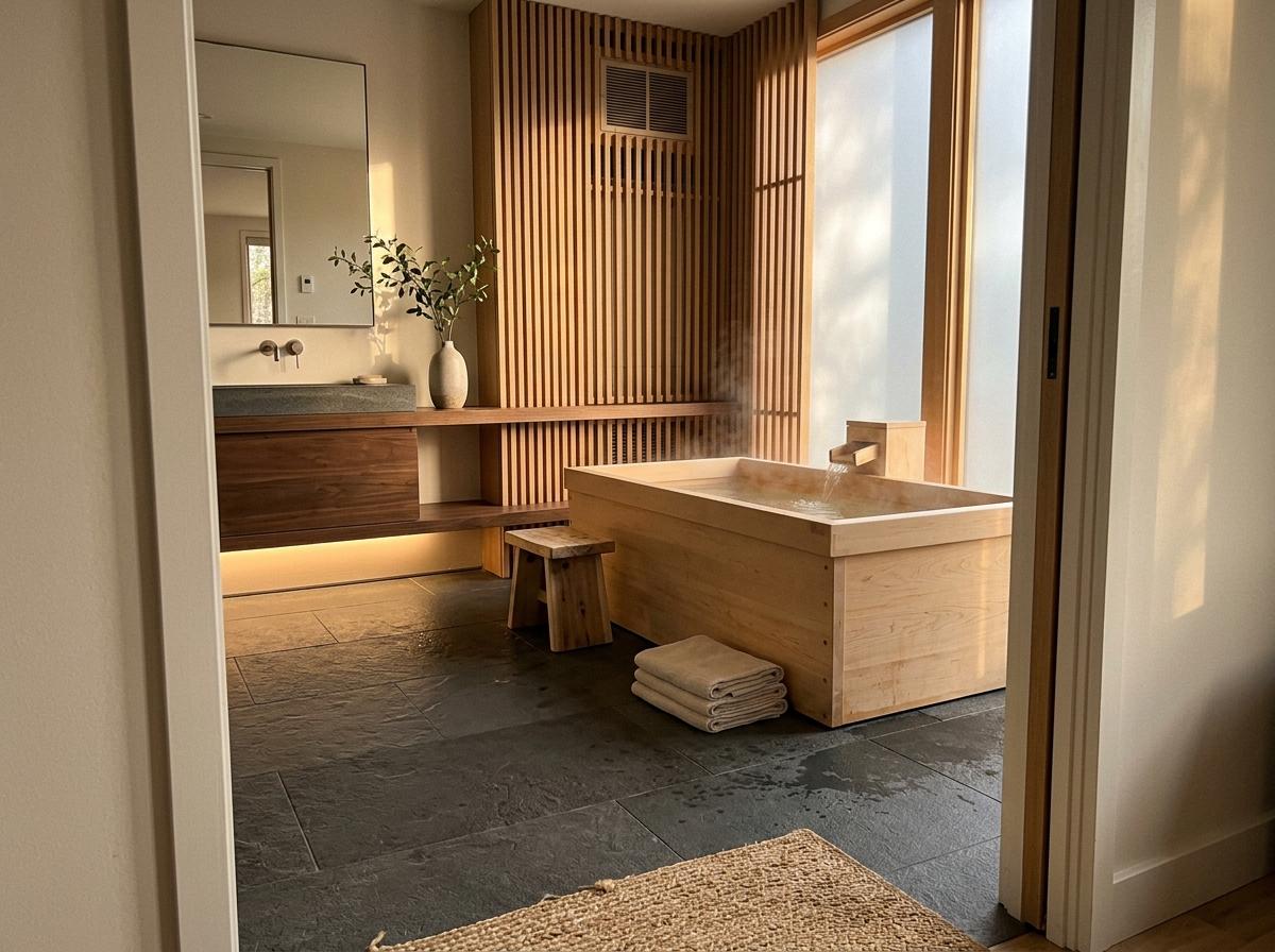 Glimpse A Luxurious Home With Japandi Bathroom Details
