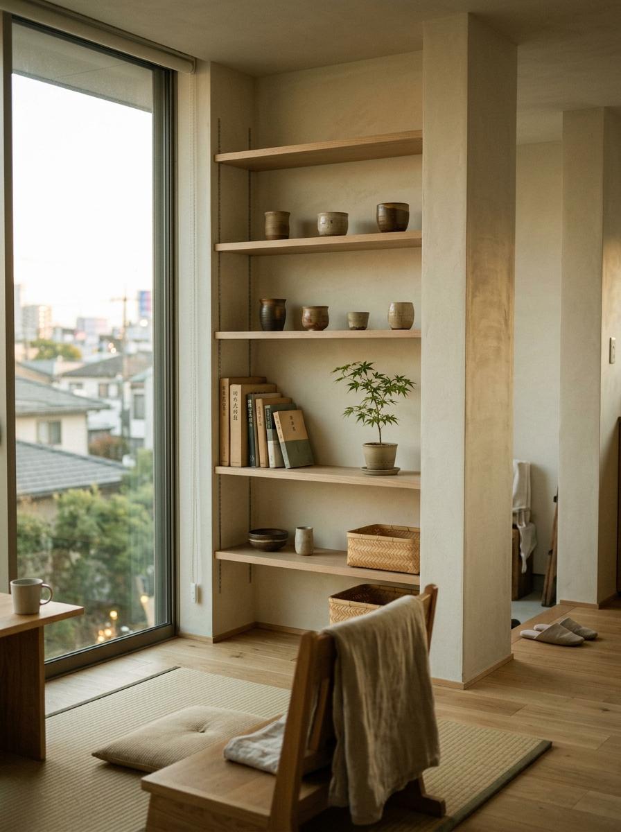 Glimpse A Minimalist Home Focused On Japandi Living Room Shelving