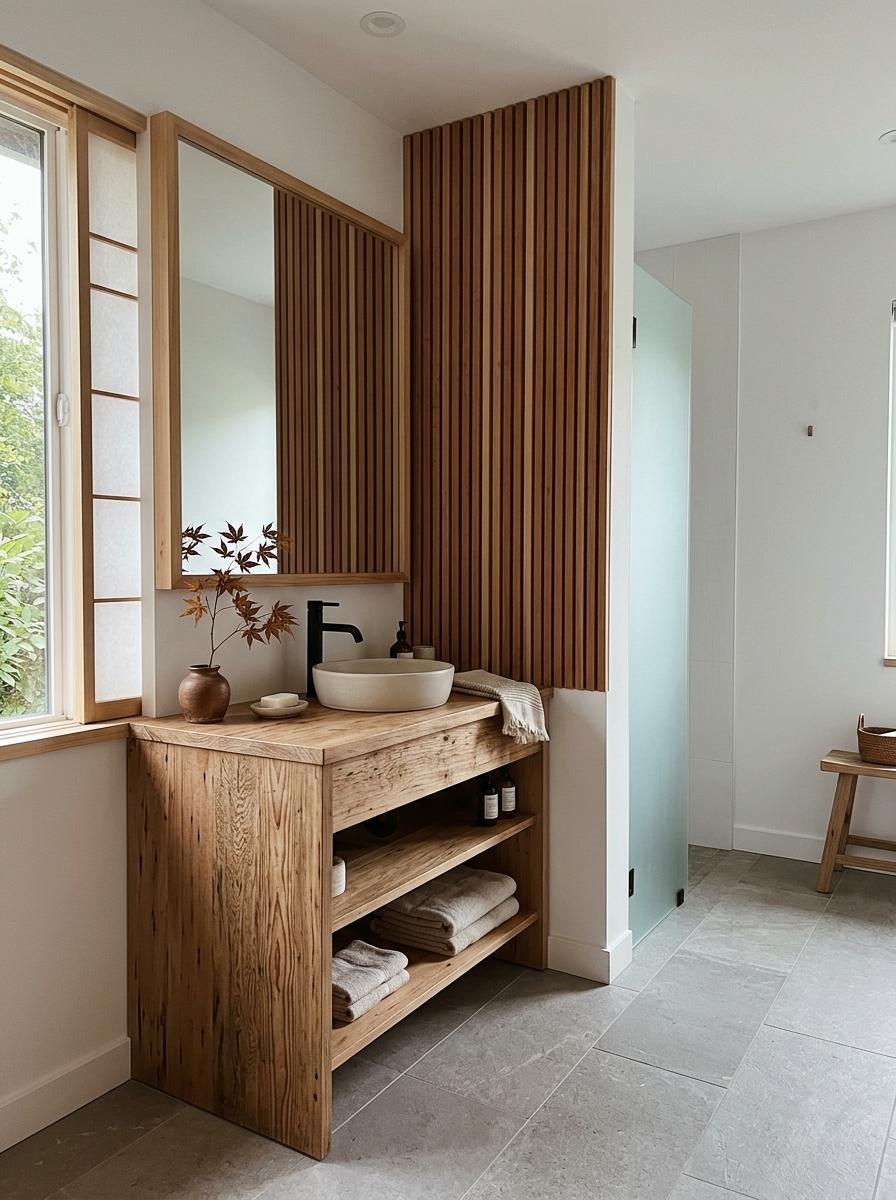 Glimpse A Modern Home Using Japandi Bathroom Wood Accents