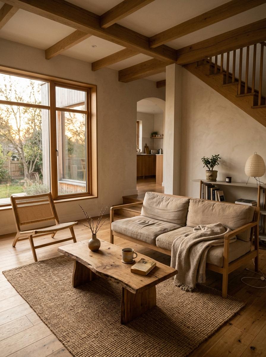 Glimpse A Modern Home With Neutral Japandi Living Room Style