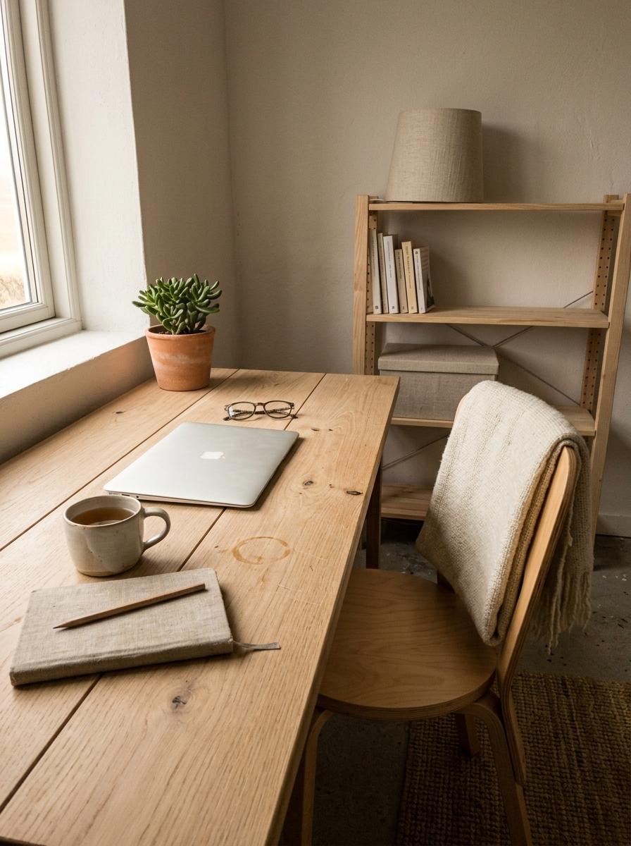 Glimpse A Modern Small Japandi Office With Natural Wood