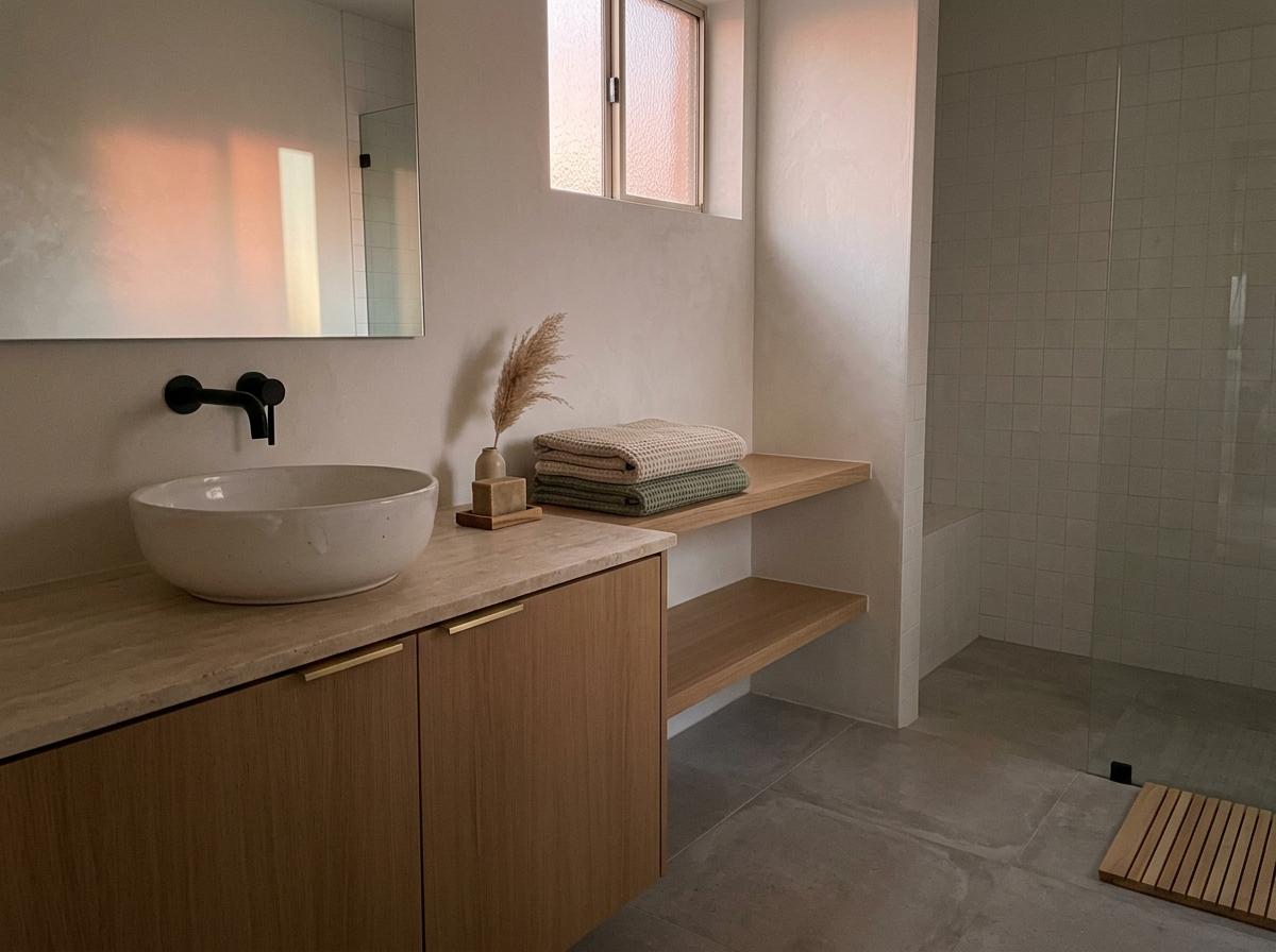 Glimpse A Neutral Palette In This Japandi Guest Bathroom