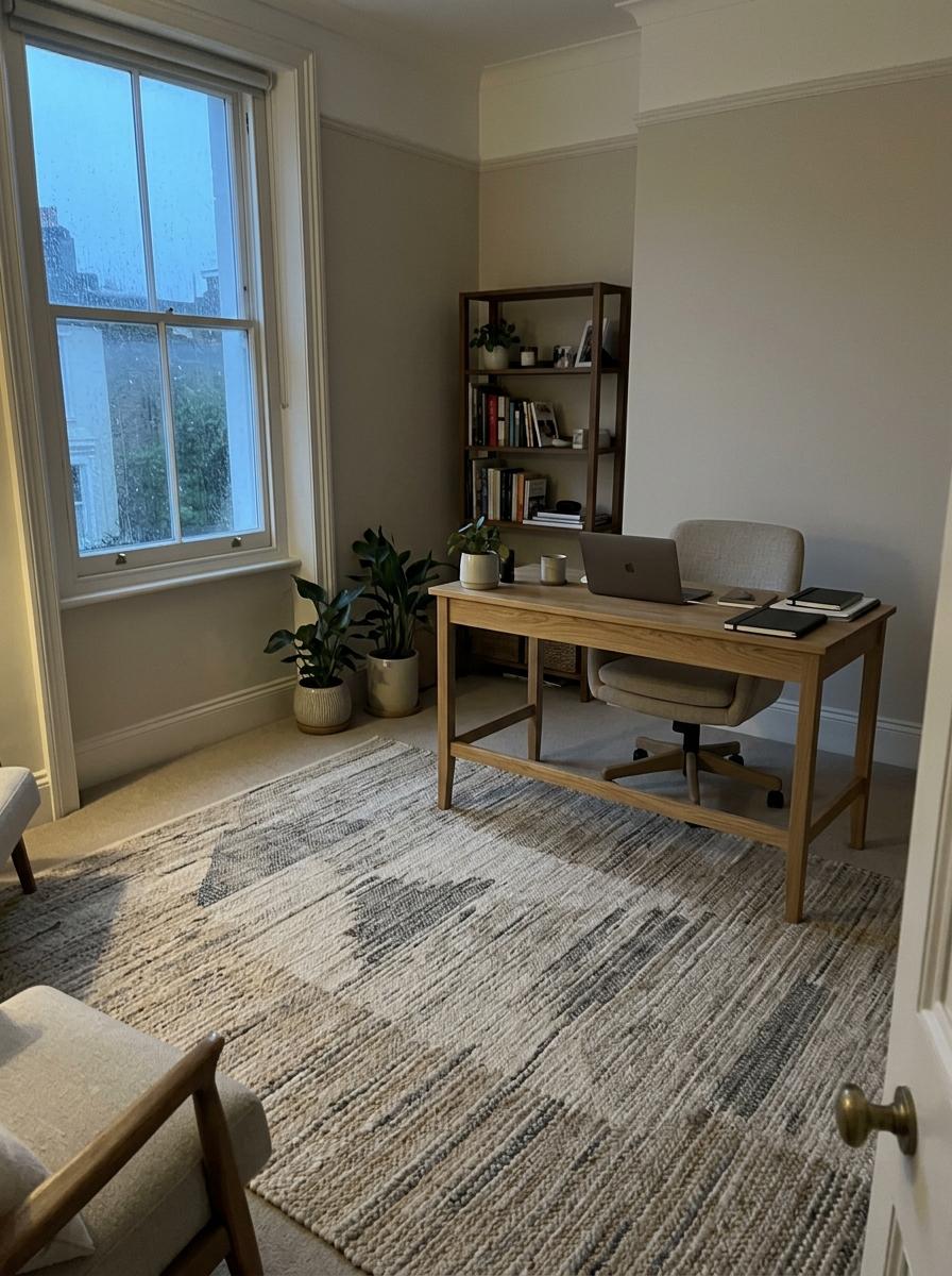 Glimpse A Refined Home Office With Japandi Area Rugs