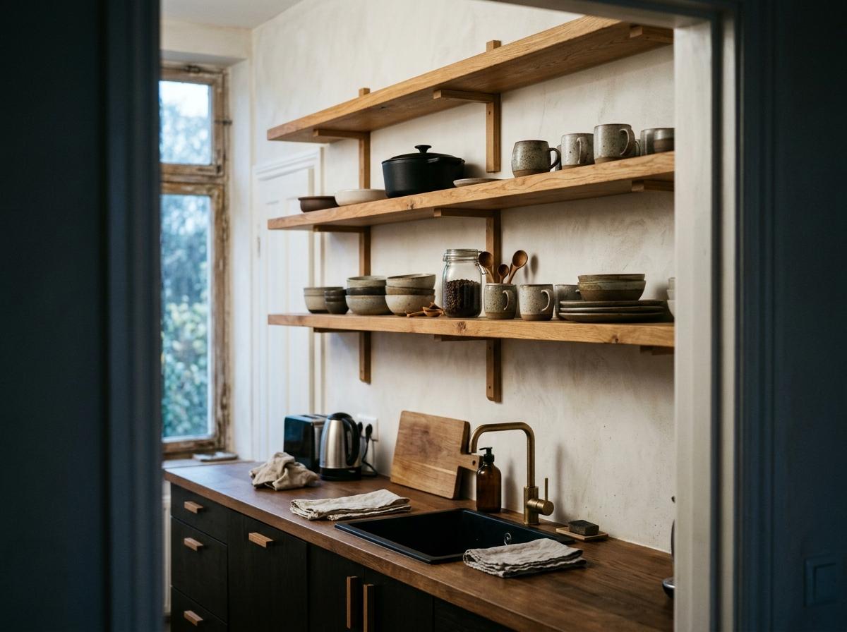 Glimpse Into A Kitchen With Japandi Open Shelving