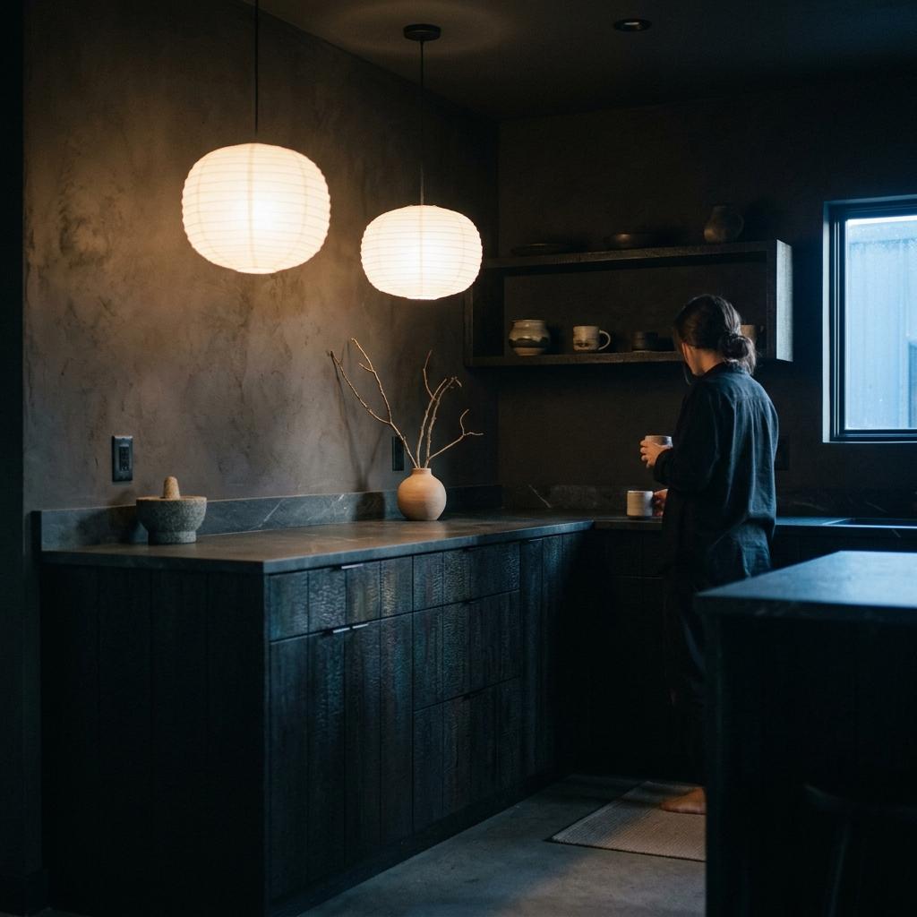 Harmonious Balance In A Dark Japandi Kitchen Environment
