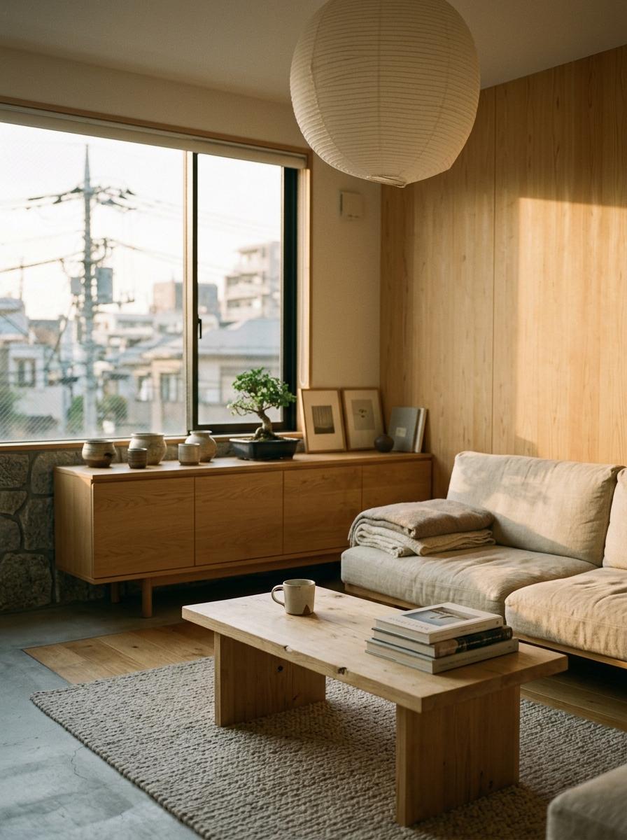 Harmonious Living Room Setup Influenced By Japandi Principles