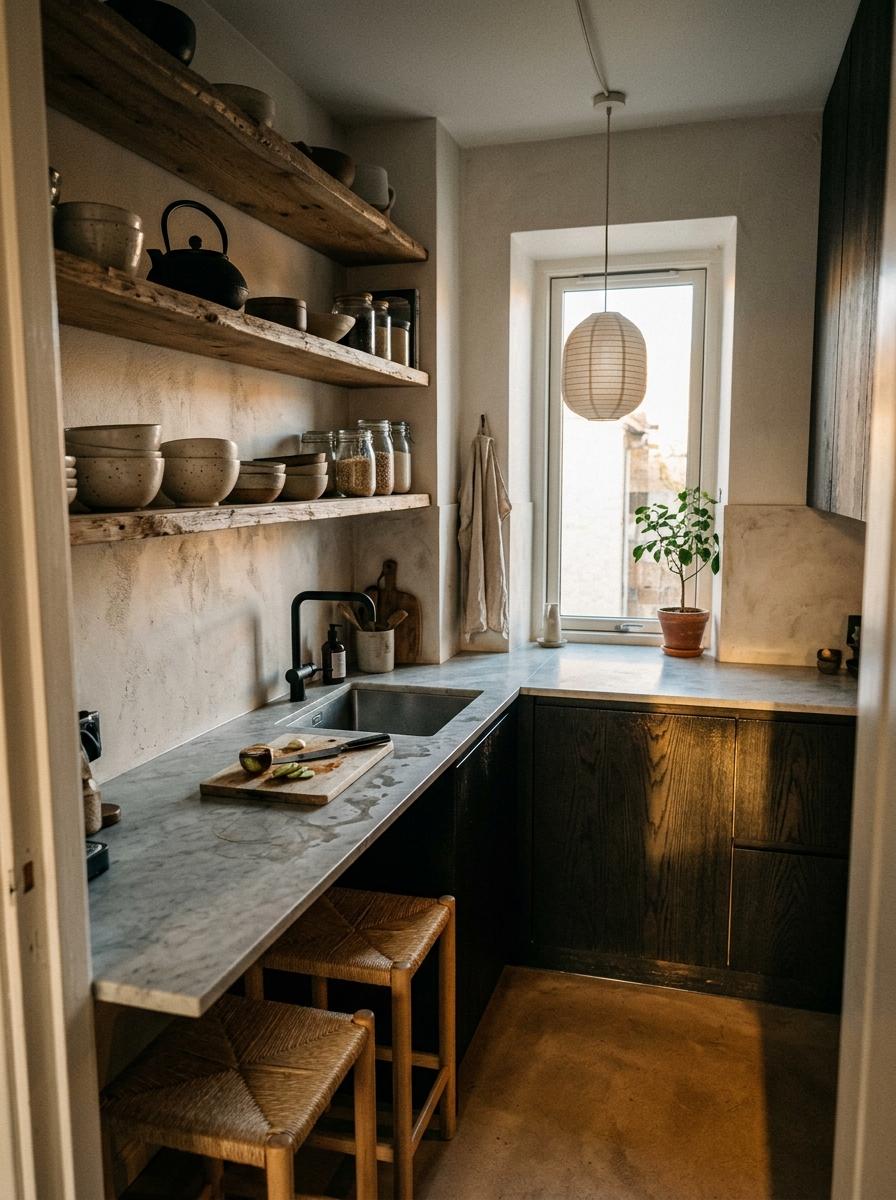 Harmonious Textures Within Small Japandi Kitchen Layout
