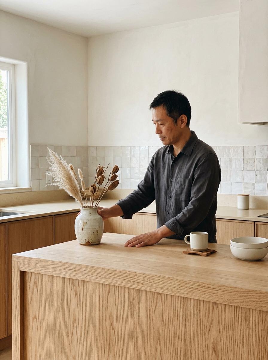 Harmonious Tones In A Minimalist Japandi Kitchen Space