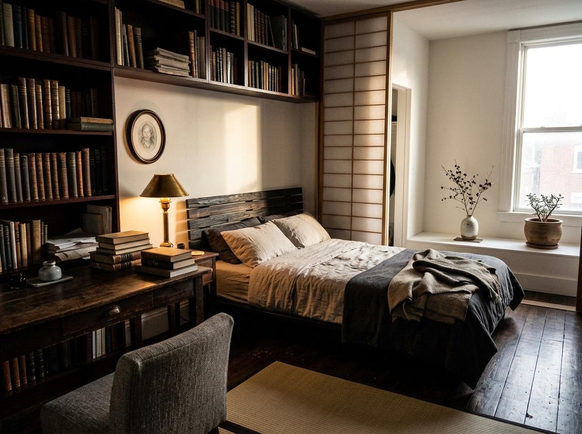 How A Dark Academy Bedroom Adopts Japandi Style