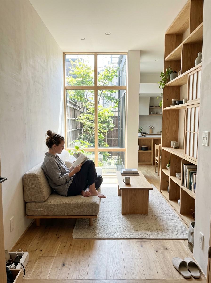 How A Narrow Space Becomes A Japandi Living Room Haven