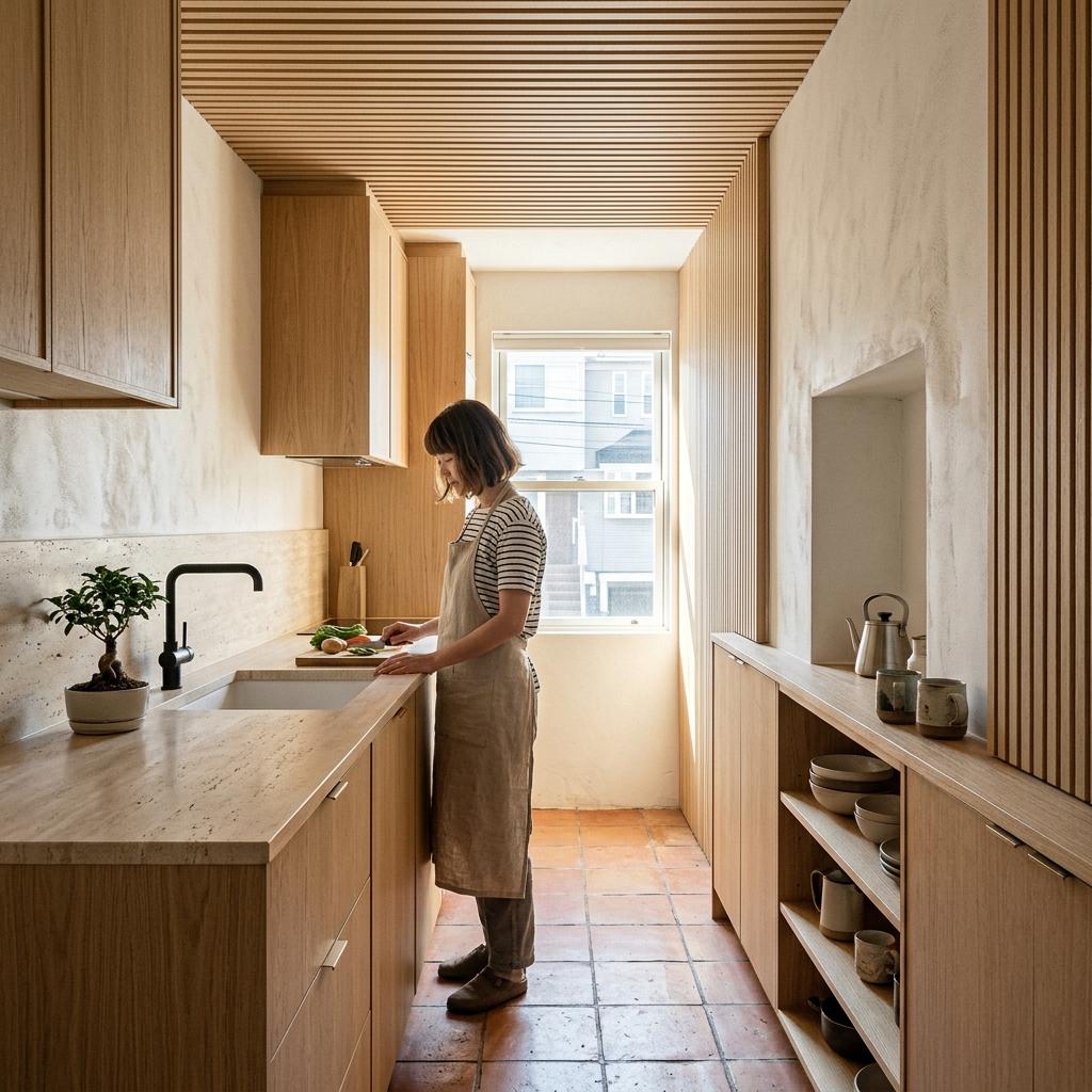 How A Narrow Space Welcomes A Japandi Kitchen Remodel