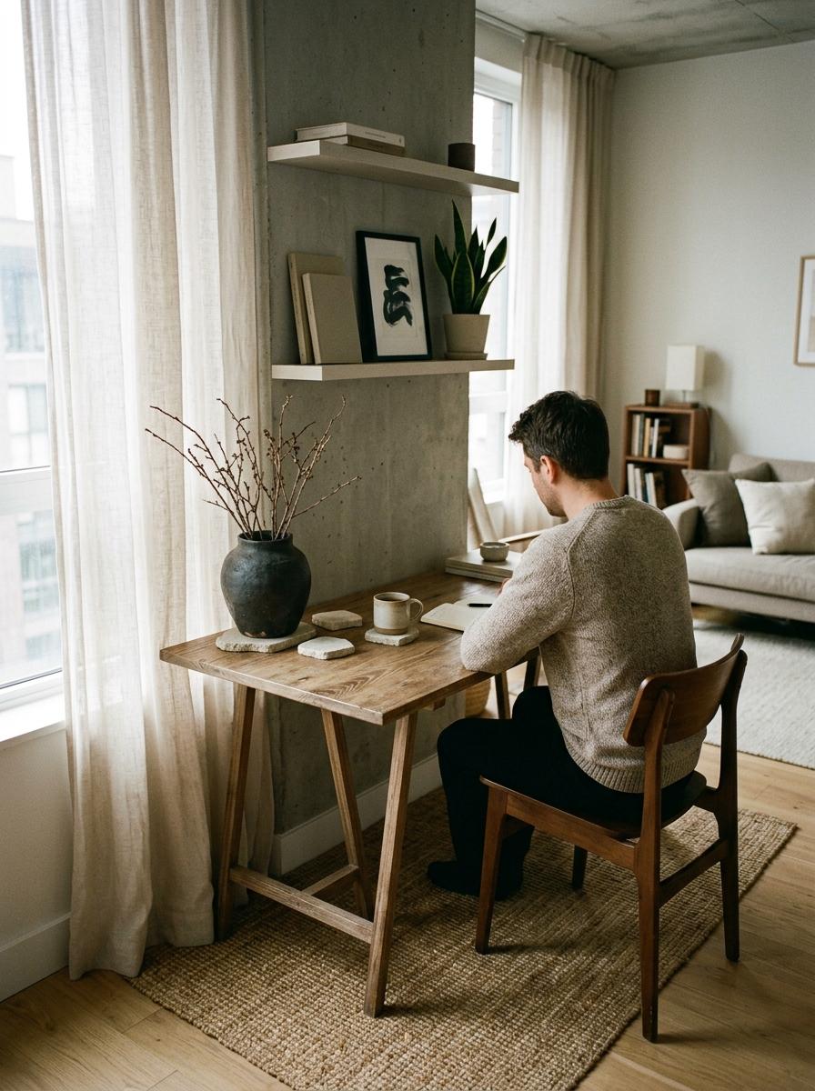 How A Small Apartment Embraces Japandi Office Decor Style