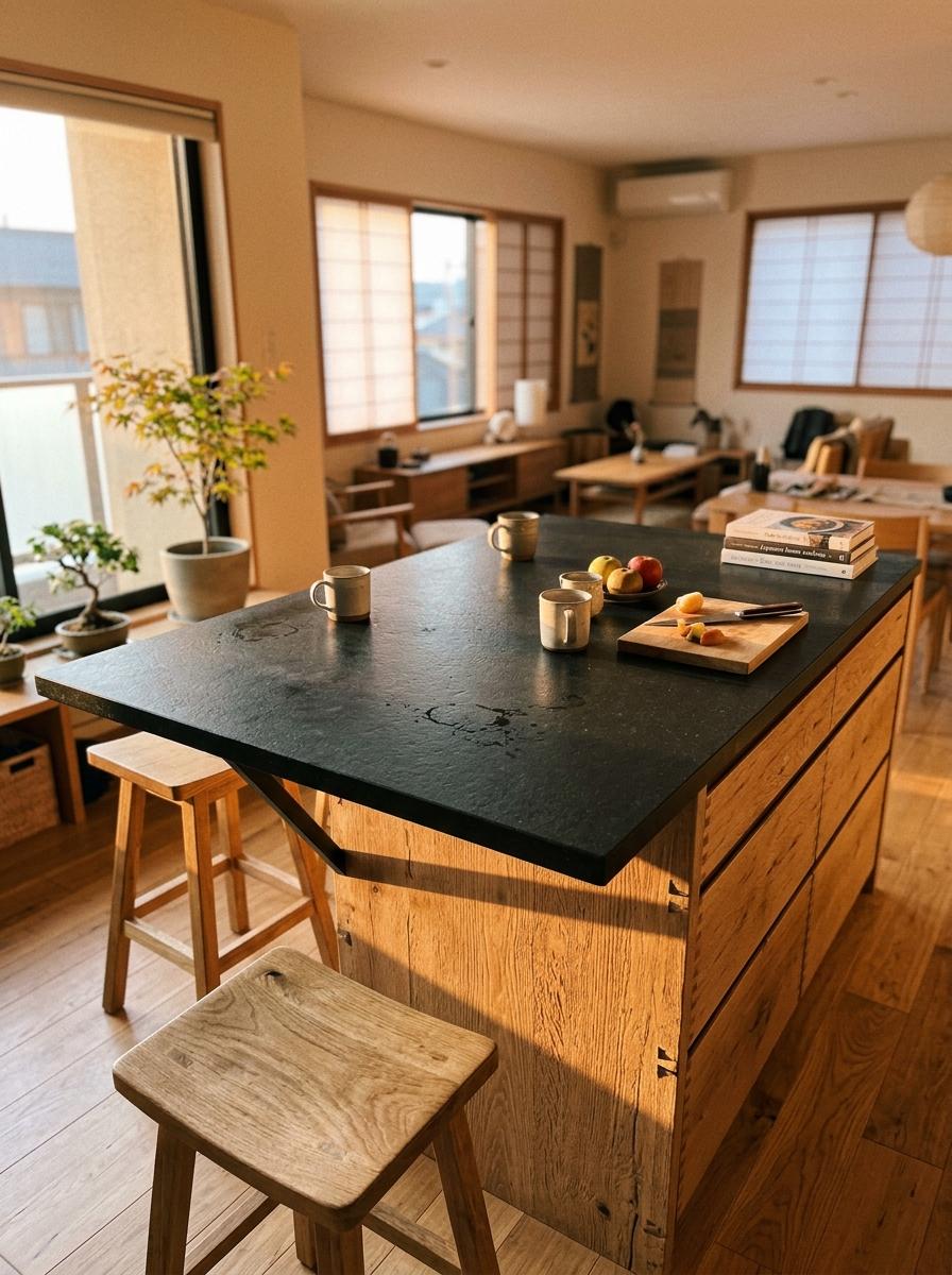 How A Small Home Embraces A Japandi Kitchen Island