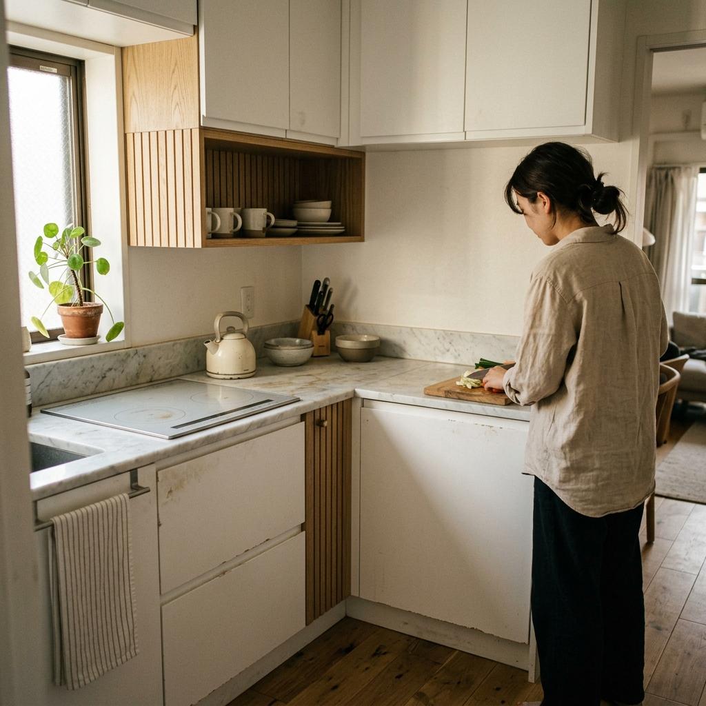How A Small Home Embraces White Japandi Kitchen Style