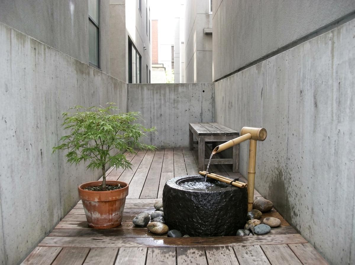 How A Small Patio Embraces Japandi Water Feature Style