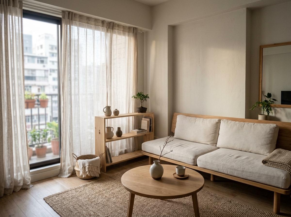 How A Small Space Uses Neutral Japandi Living Room Style