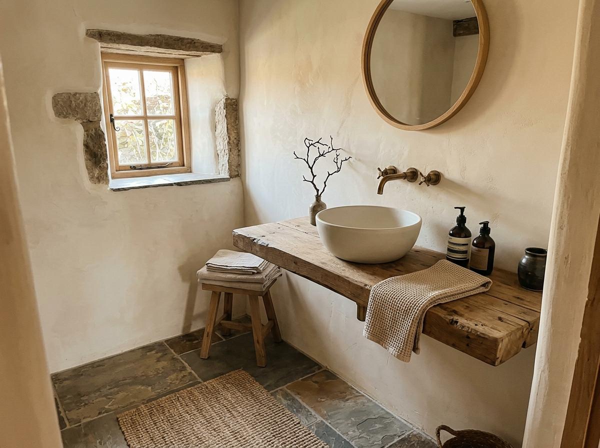 How Off White Tones Complement A Rustic Japandi Bathroom