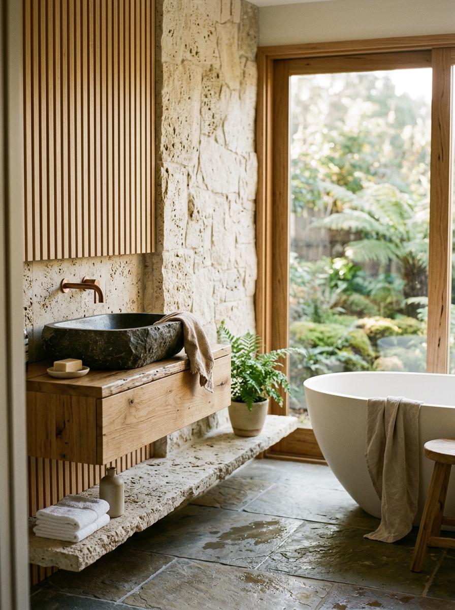 How Stone Elements Enhance A Nature Inspired Japandi Bathroom