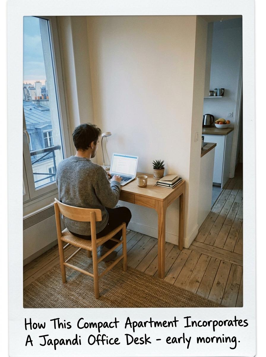 How This Compact Apartment Incorporates A Japandi Office Desk