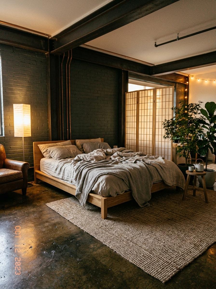 How This Industrial Bedroom Adopts Japandi Style
