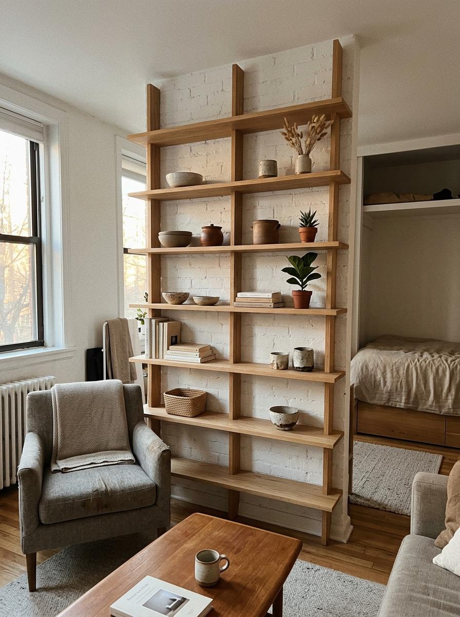 How This Studio Apartment Embraces Japandi Living Room Shelving