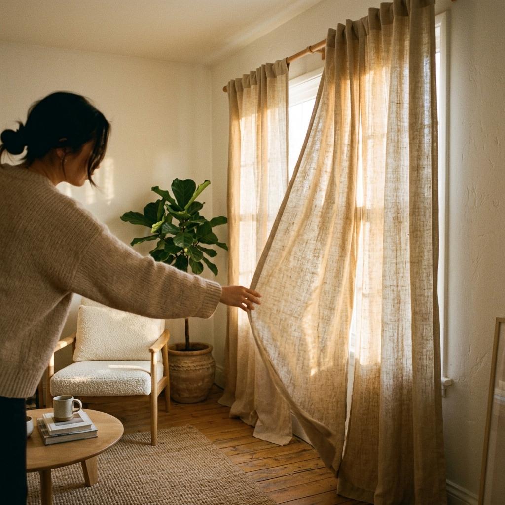 How To Style Textured Japandi Living Room Curtains