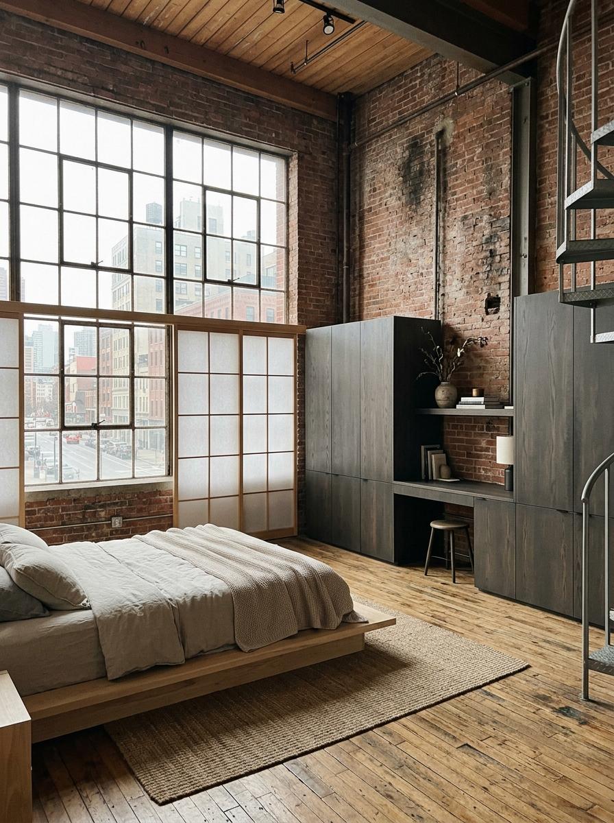 Industrial Loft Bedroom Embracing Japandi Minimalism