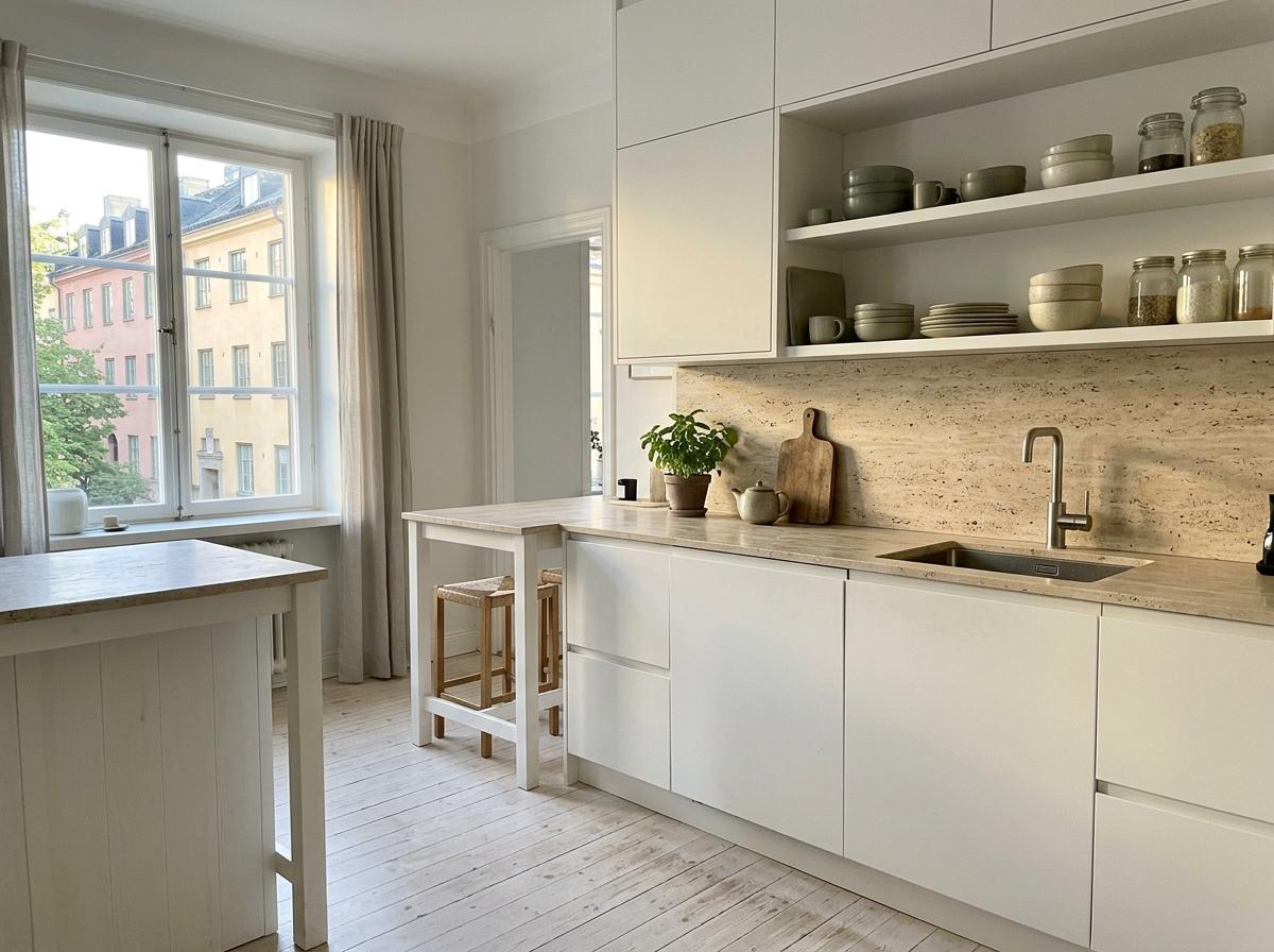 Inside A Bright Apartment With White Japandi Kitchen Style