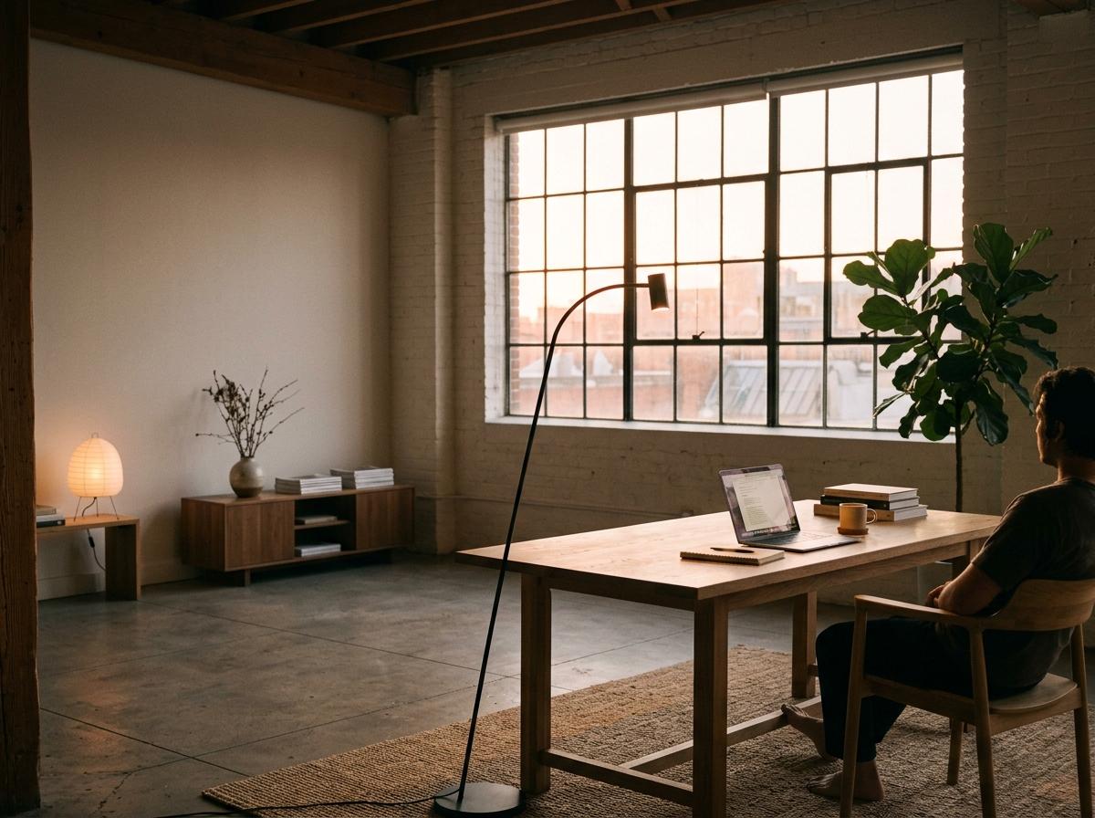 Inside A Bright Loft With Japandi Office Lighting Layouts