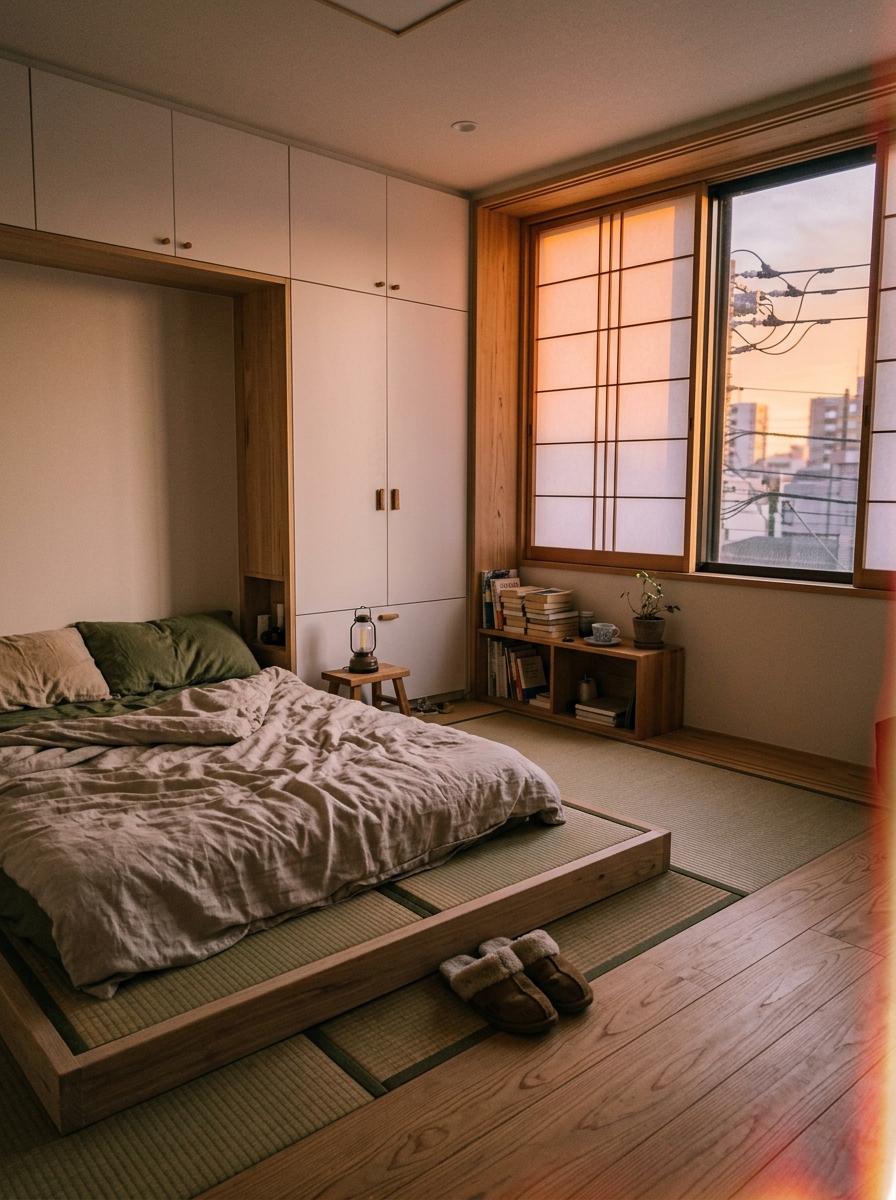 Inside A Calm Bedroom With Japandi Style Organization