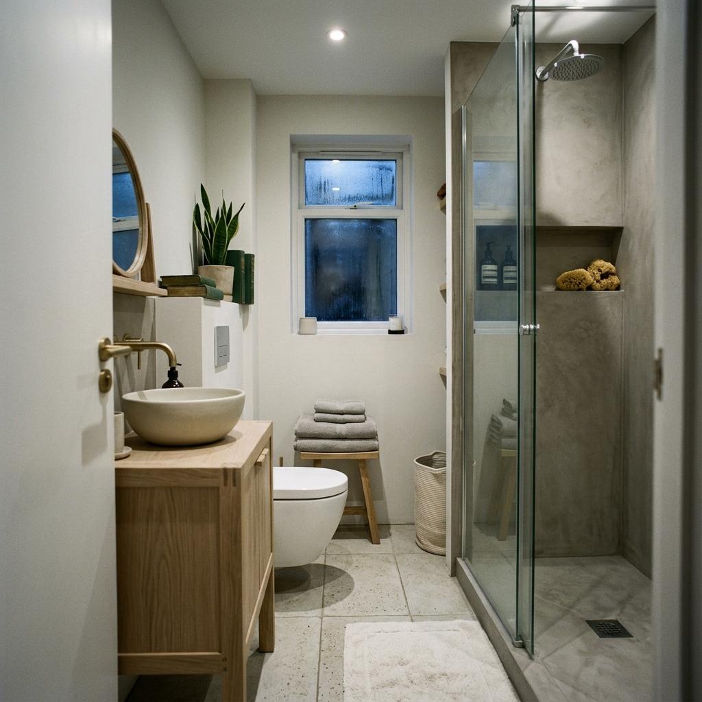 Inside A Compact Apartment Featuring A Minimalist Japandi Bathroom