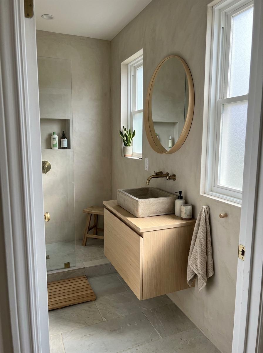 Inside A Contemporary Home Featuring A Japandi Guest Bathroom