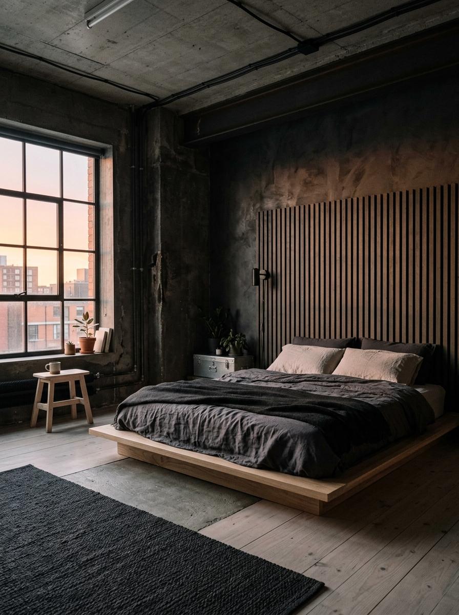 Inside A Dark Industrial Bedroom With Japandi Flair