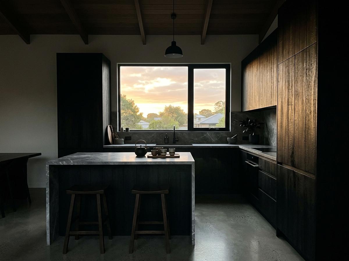 Inside A Dramatic Dark Japandi Kitchen Design Style