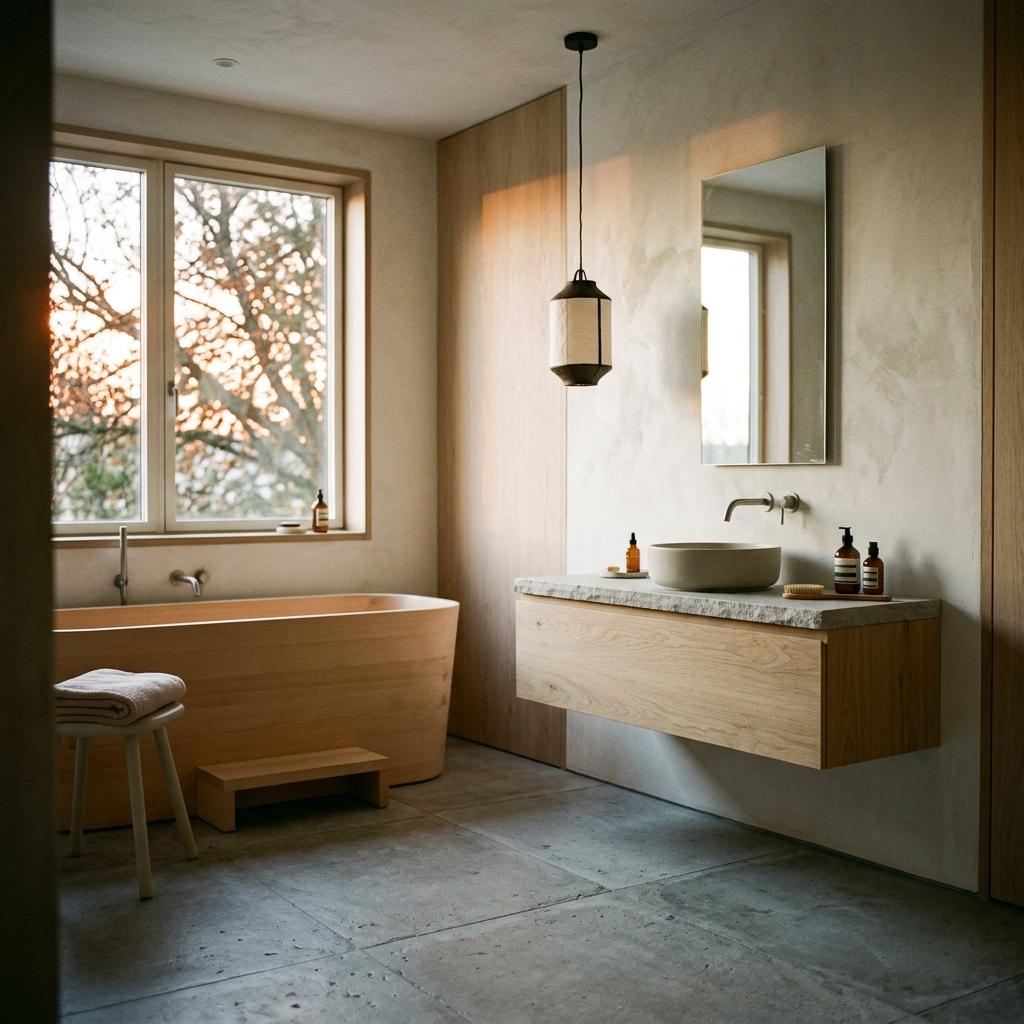 Inside A Home Featuring A Minimalist Japandi Bathroom Design
