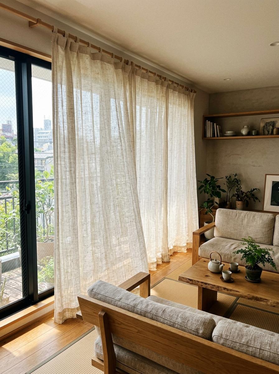 Inside A Home Featuring Organic Japandi Living Room Curtains