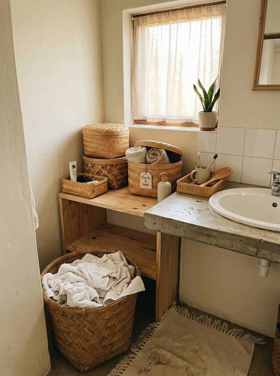 Inside A Home Using Bamboo Baskets For Japandi Bathroom Storage