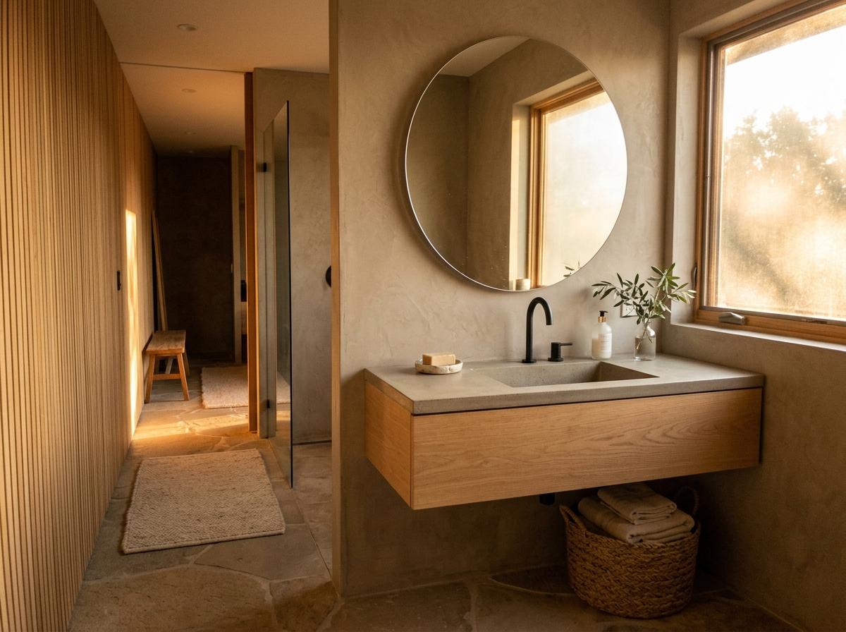 Inside A Light Filled Home With A Japandi Guest Bathroom