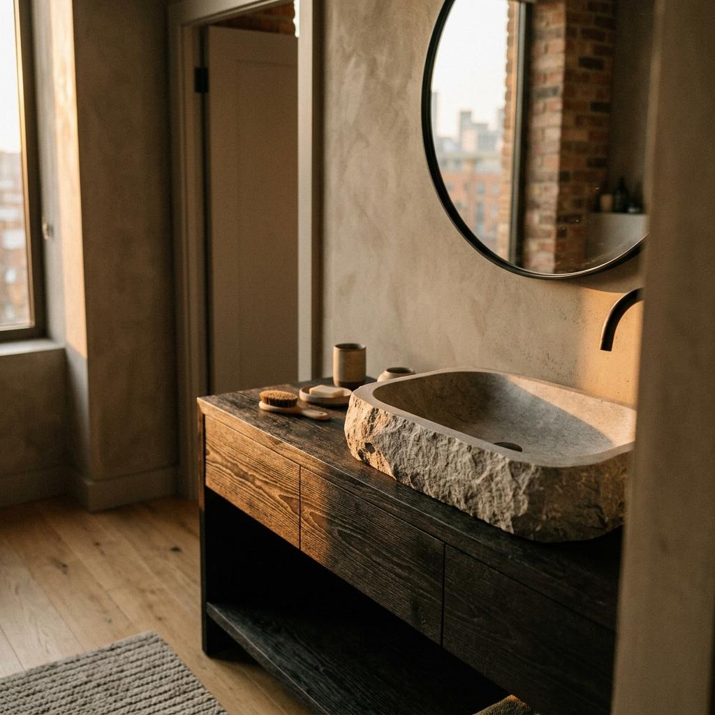 Inside A Modern Apartment With A Japandi Bathroom Vanity Focus