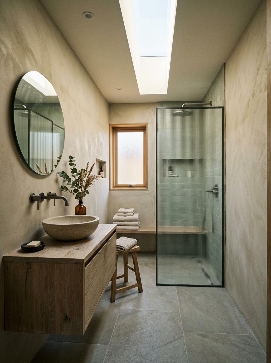 Inside A Modern Home With A Japandi Guest Bathroom