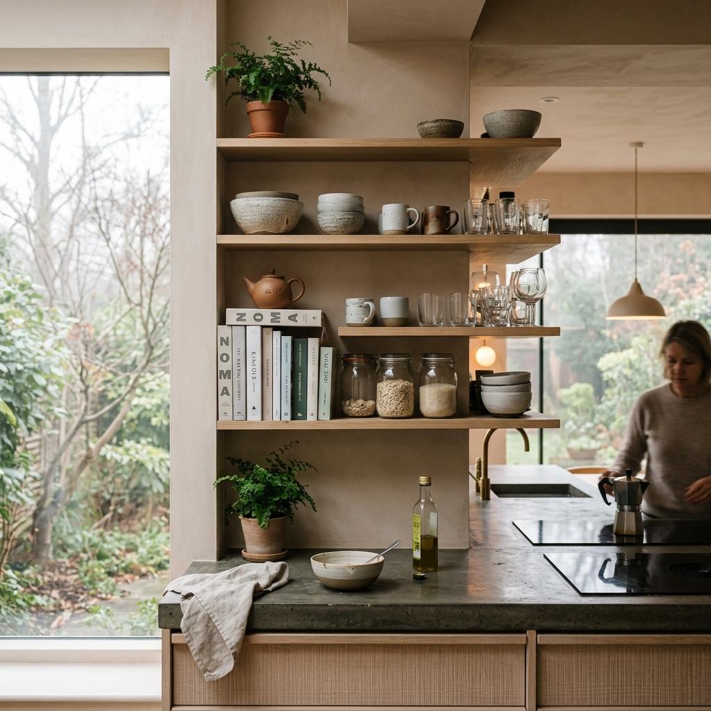 Inside A Modern Kitchen Using Japandi Open Shelving