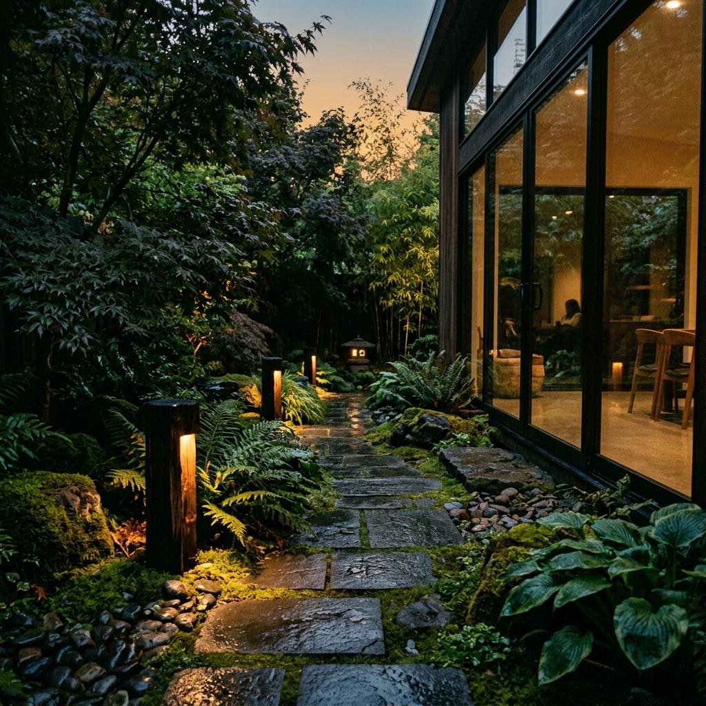Inside A Modern Landscape Featuring Japandi Garden Lighting