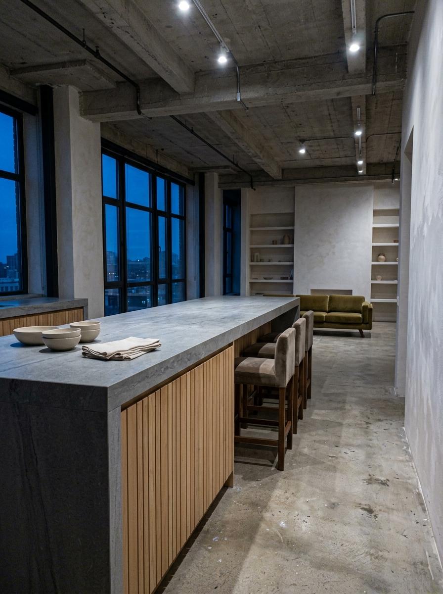 Inside A Modern Loft With A Large Japandi Kitchen Island